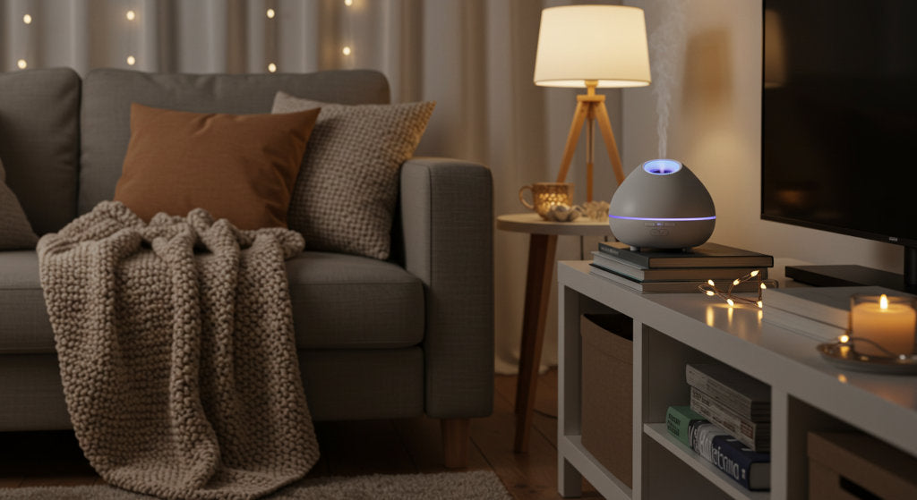 Cold air diffuser on media console in a softly lit living room creates a cozy atmosphere for movie night, with knit textures and warm lighting enhancing the home scent experience