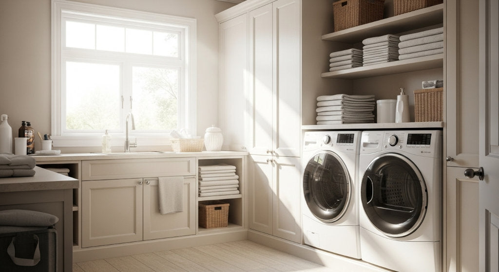 A bright laundry room representing freshness and balance after applying odor-neutralizing sprays and improving airflow for long-lasting odor control.