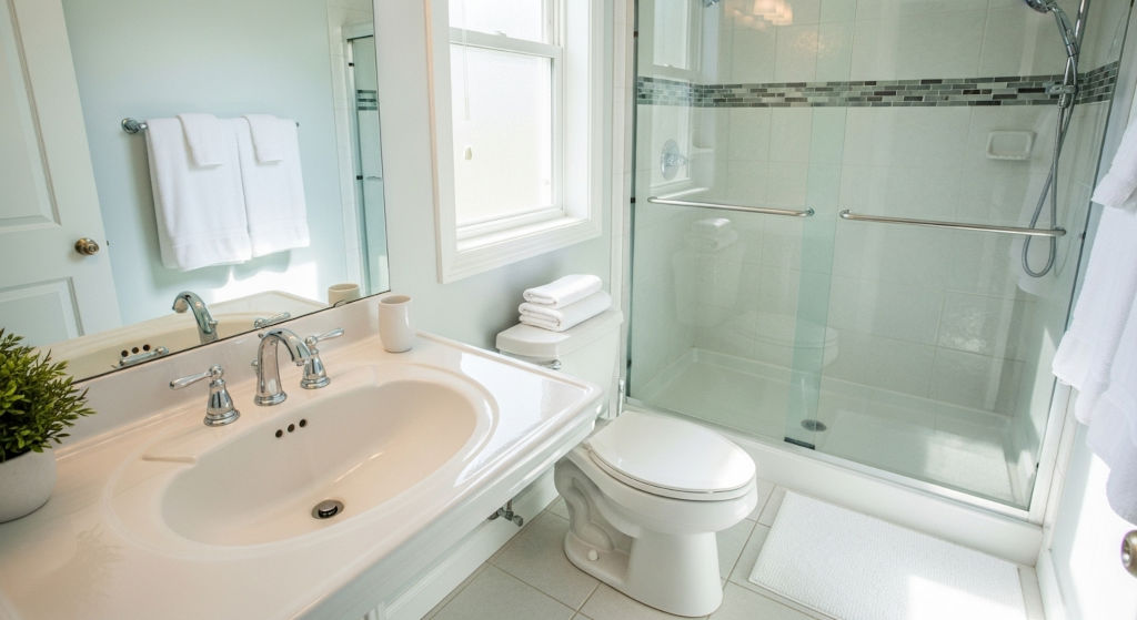 A clean bathroom scene representing how stale indoor air and moisture create lingering odors even after cleaning, emphasizing the value of odor-neutralizing sprays and proper ventilation.