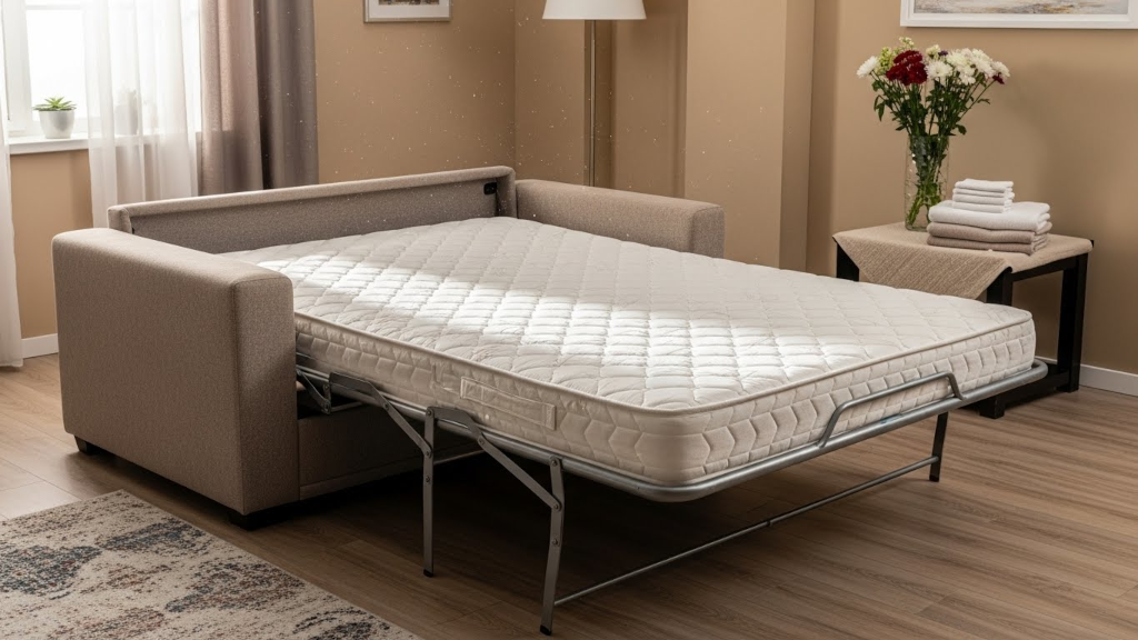 A fold out sofa opened for ventilation, representing odor control habits that refresh inner mattresses and fabric folds before guests use the furniture.