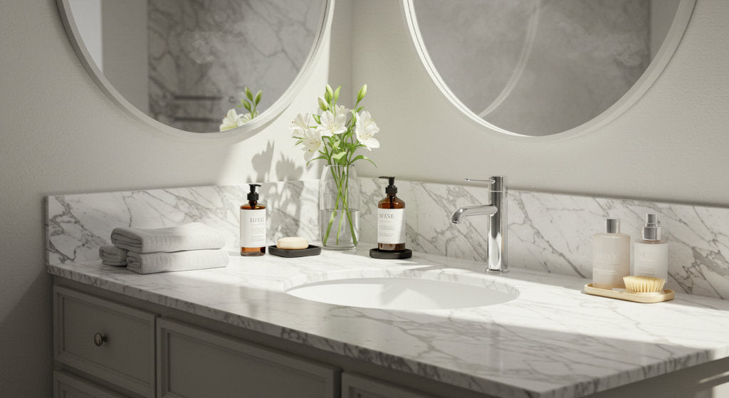 Cold air diffusion fragrance oils add a clean, subtle aroma to a bright morning bathroom