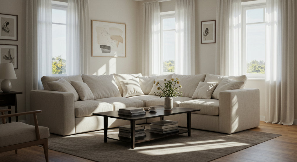A bright living room with clean furniture and open windows, showing how odor neutralizing sprays and fresh air circulation refresh the air while cleaning.