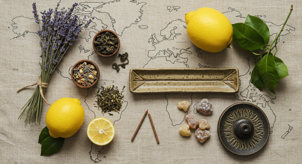 Flat lay of global scent traditions with lavender, green tea, frankincense, and citrus botanicals styled over a vintage linen map with cold air diffuser