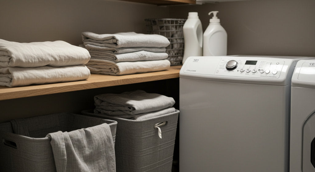 Indoor laundry setting illustrating how even freshly cleaned fabrics benefit from odor neutralizing treatments to remove deep-set smells beyond standard washing