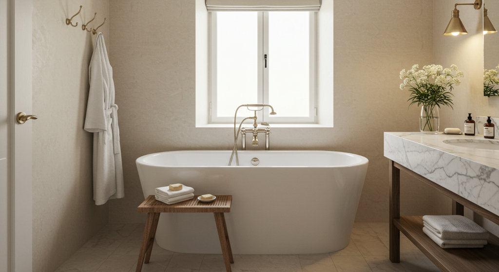 Subtle bathroom fragrance setup with a cold air diffuser, soft lighting, and a moisture-conscious scenting environment