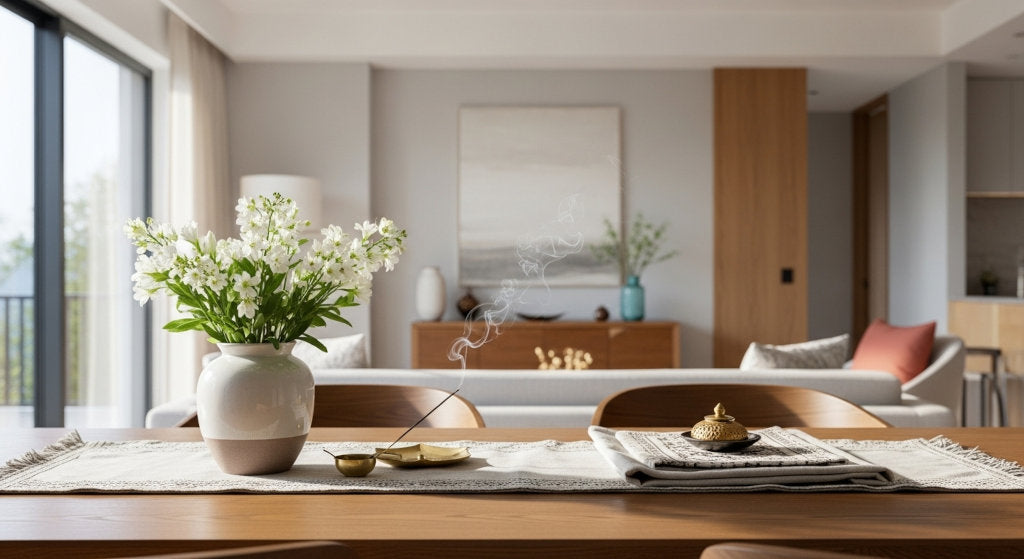 A realistic interior showing warm natural light and global design details that represent the balance and connection of fragrance traditions around the world.