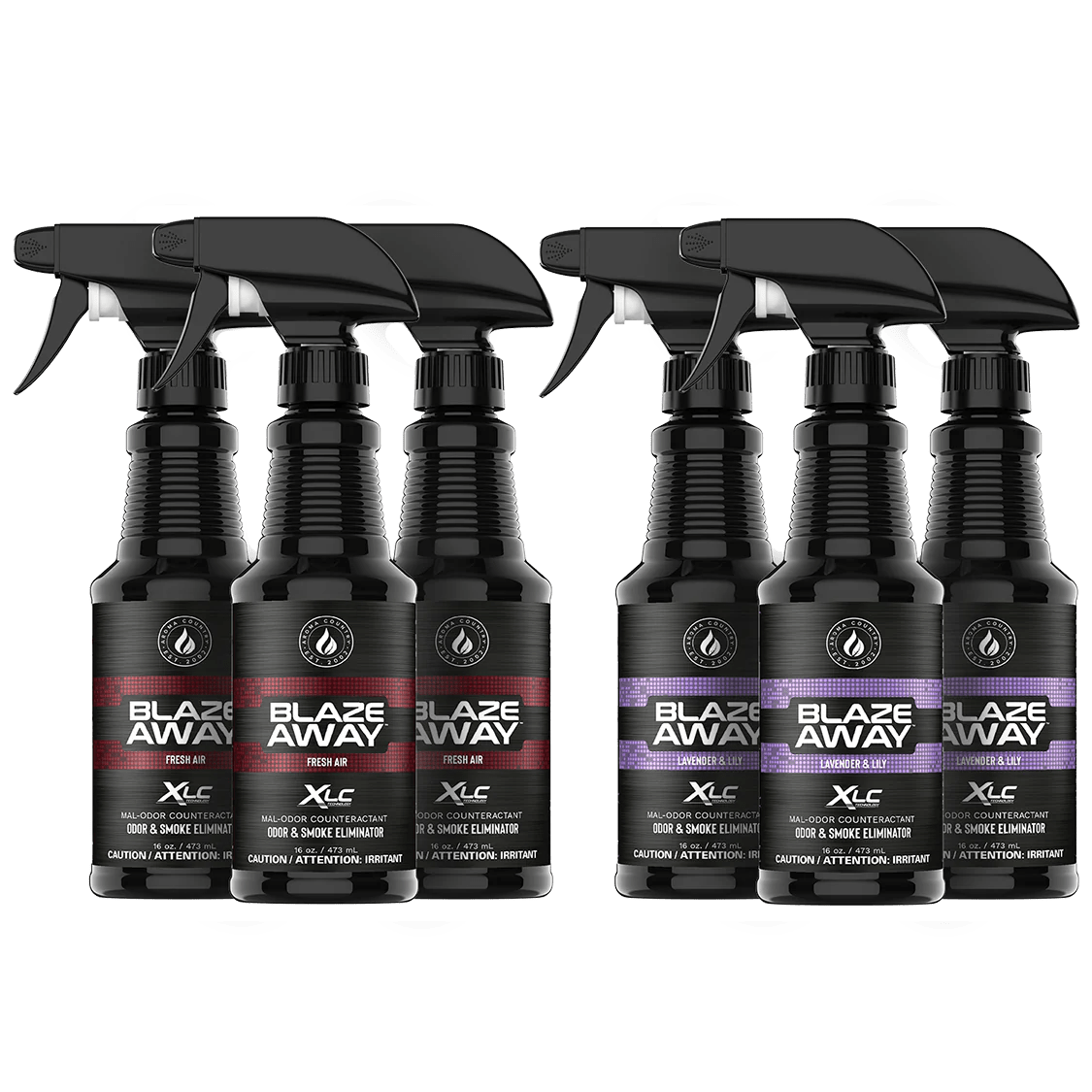 Blaze Away mixed six pack 16 oz smoke odor neutralizer, includes 3 Fresh Air and 3 Lavender Lily sprays for versatile odor elimination with clean and floral scents