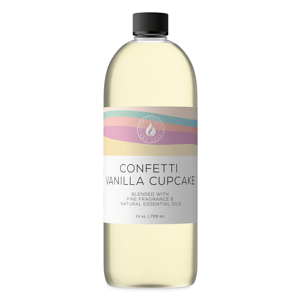 Aroma Country Confetti Vanilla Cupcake diffuser oil, 24 oz (709 mL) bottle with a black cap on a white background