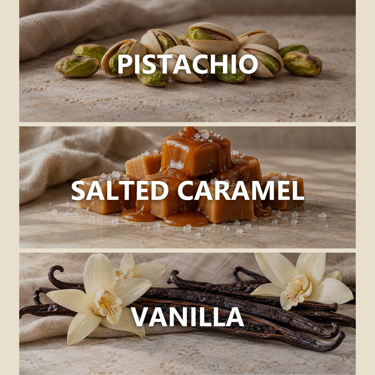 Pistachio and Salted Caramel scent notes