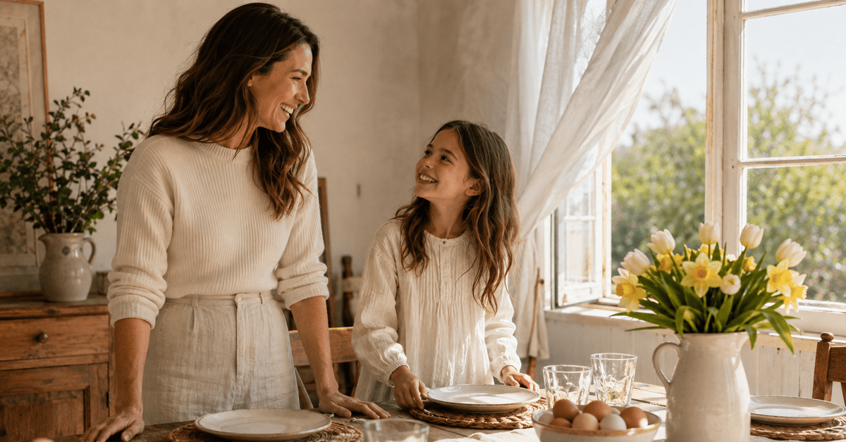 Una madre y una hija poniendo la mesa para el brunch en un comedor soleado de primavera