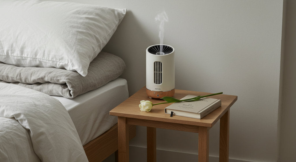 This image conveys the essence of ambient scenting and home fragrance as part of a calming bedroom routine. 