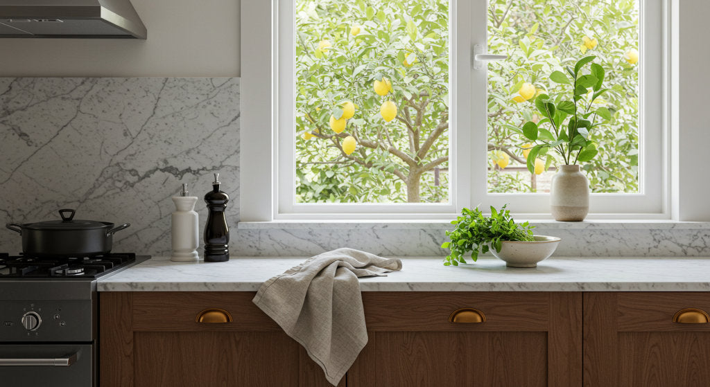 A fresh kitchen reset after meals. Cold air diffusion with lemon, grapefruit, and bergamot peel fragrance oils balances food aromas, creating clarity and calm from a refined fragrance house.