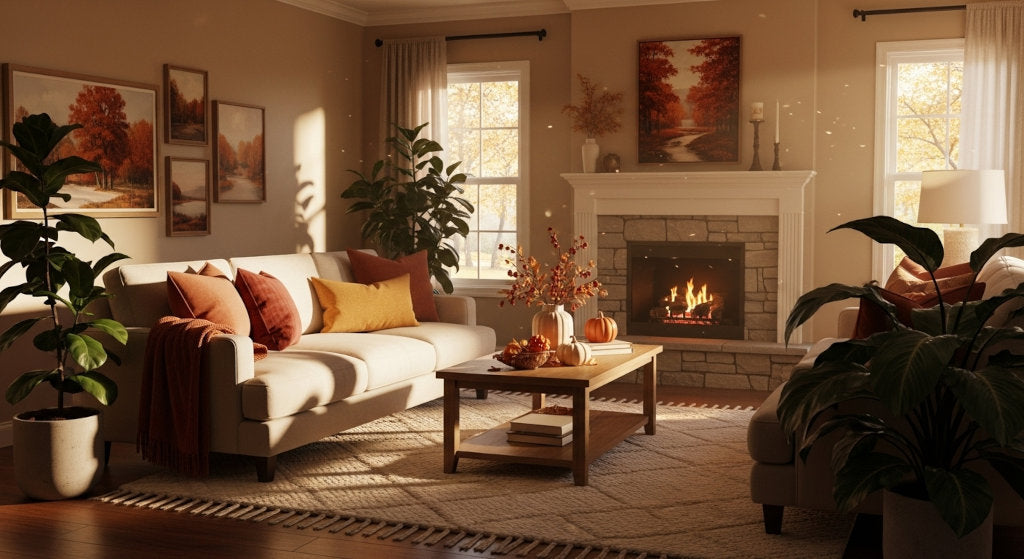A clean, comfortable living room scene showing balanced air quality and brightness after removing odor buildup from cooking, smoke, and candles.