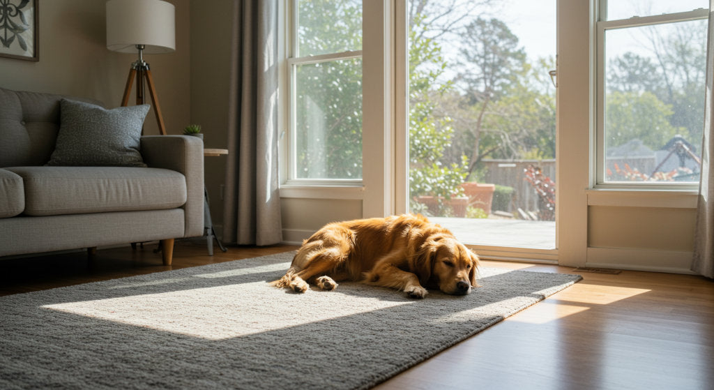 A clean living room with a dog relaxing, highlighting odor neutralizing sprays that combat nose blindness and keep indoor air fresh.