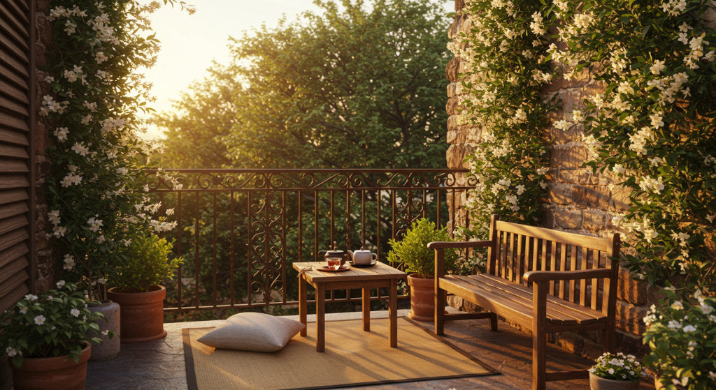 Elegant jasmine blossoms climb along a sunlit balcony garden at golden hour, creating a serene floral fragrance atmosphere for calm and relaxation.