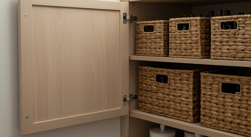 Designed for clarity and calm, this storage scene highlights how natural materials and discreet organization help maintain the integrity of your cold air diffuser oils, preserving scent quality in a serene home environment.