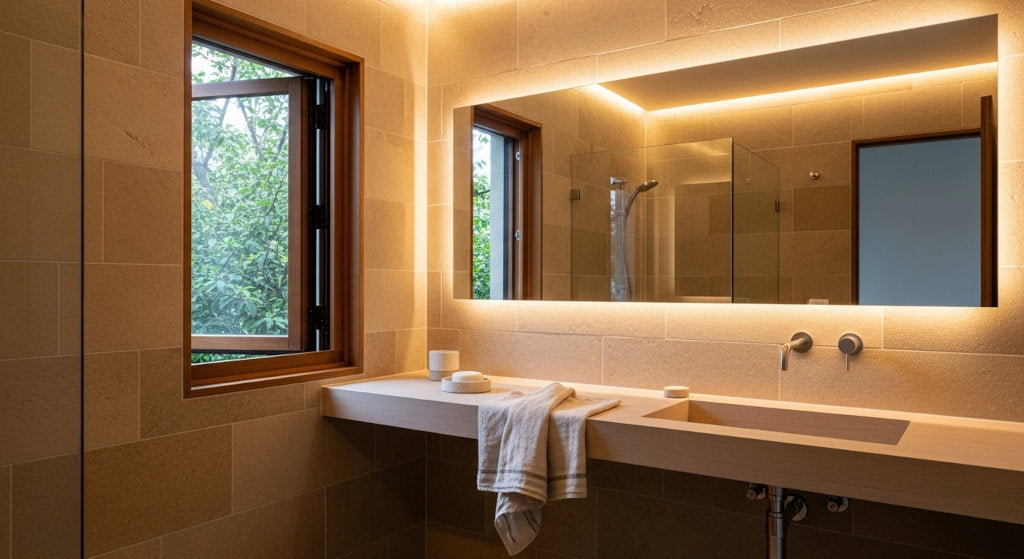 This bathroom scene supports elegant freshness using natural airflow and a diffuser-ready environment, ideal for humidity-safe oils and refined scent application.
