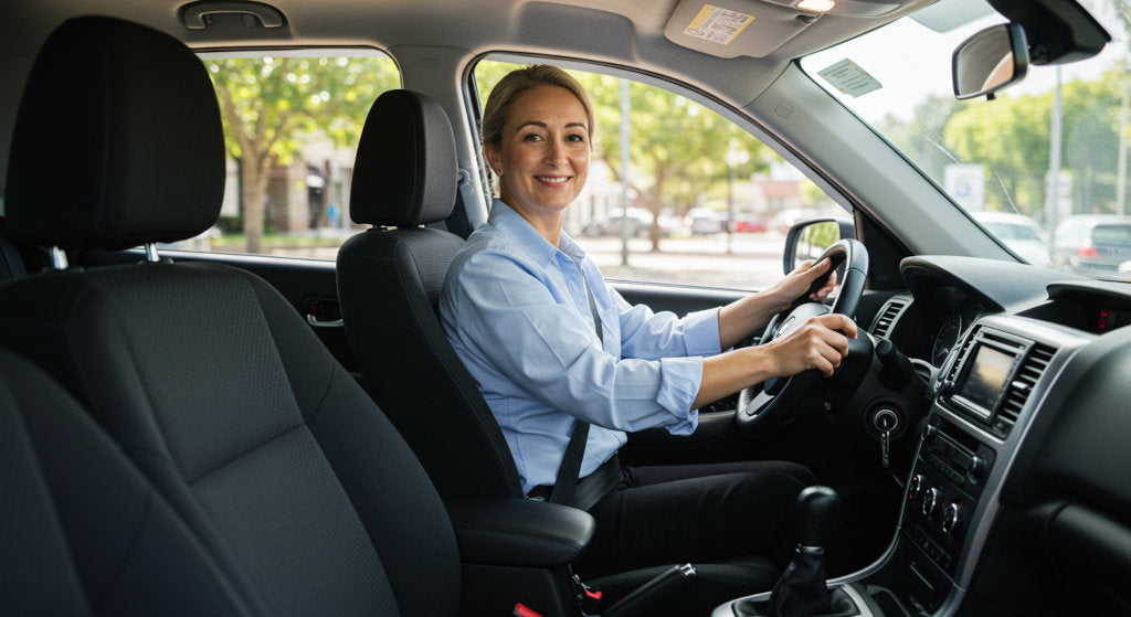 rideshare driver in a well-maintained, odor-free vehicle, sunlight highlighting fresh seats and clean interior for professional passenger service