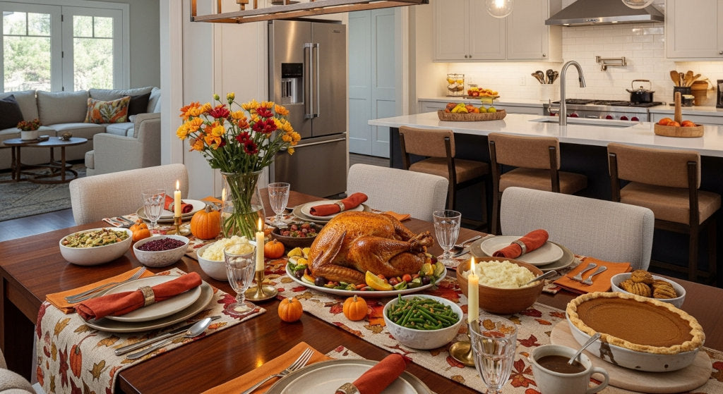 An elegant dining area set for Thanksgiving, designed to harmonize festive cooking with refined seasonal scent diffusion.