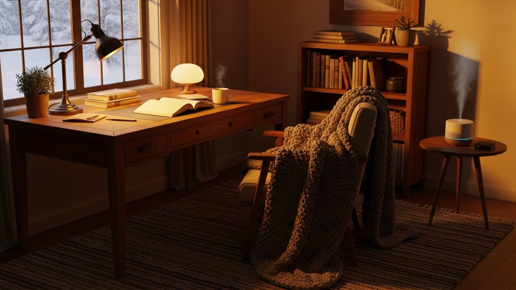 A winter reading room concept showing how amber and soft wood fragrance oils create a warm, expensive smelling atmosphere. Cold air diffusion keeps the scent steady and refined throughout the season.