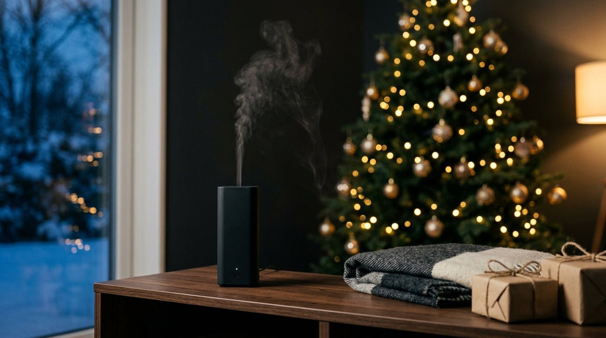 Scent diffuser releasing fine mist on a console table beside a lit Christmas tree in an evening living room