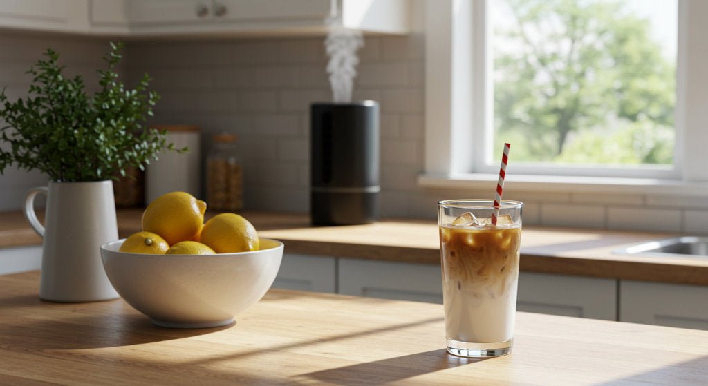 A sunlit kitchen counter with lemons, iced coffee and a cold air diffuser