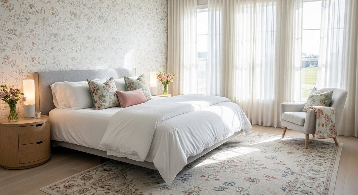 A bedroom with botanical wallpaper and fresh cut peonies on the nightstand