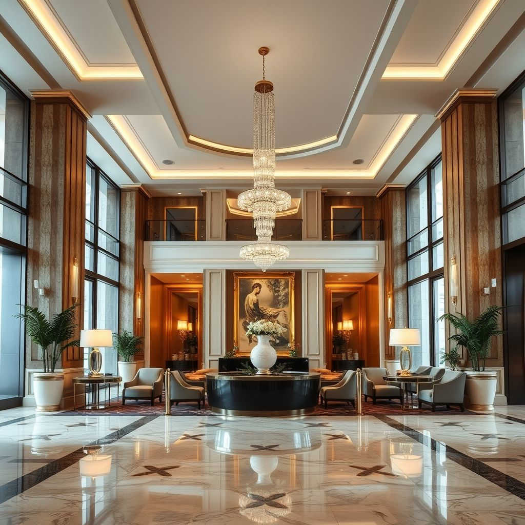 A grand hotel lobby with a crystal chandelier, marble floors and lounge chairs