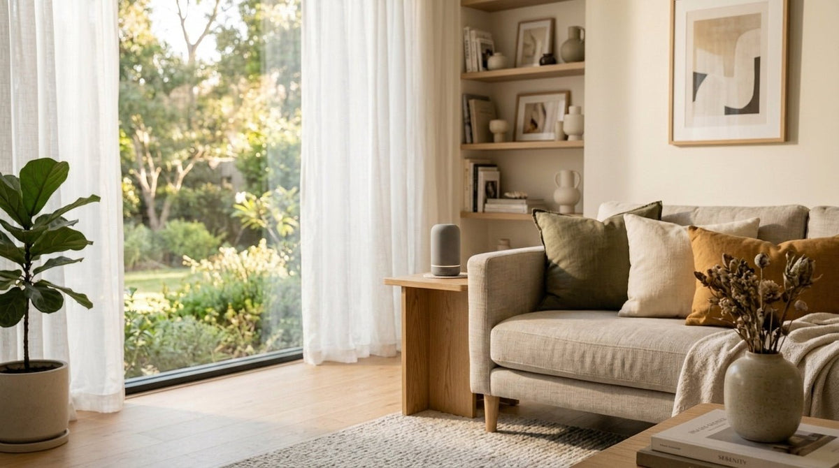 A calm living room with a linen sofa, plants and natural wood