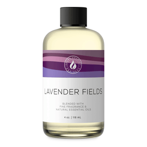 Aroma Country Lavender Fields diffuser oil, 4 oz (118 mL) bottle with a black cap on a white background