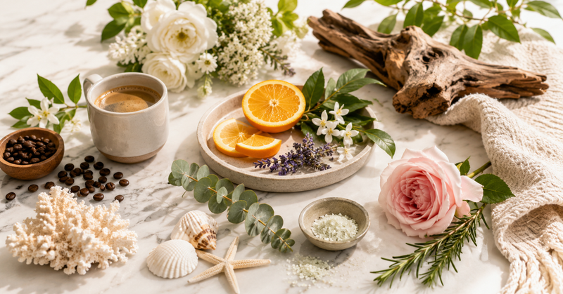 Fragrance ingredients on marble grouped by scent family: a cup of coffee and beans, coral and shells and sea salt, lavender and eucalyptus, white and pink garden roses, sliced citrus and driftwood