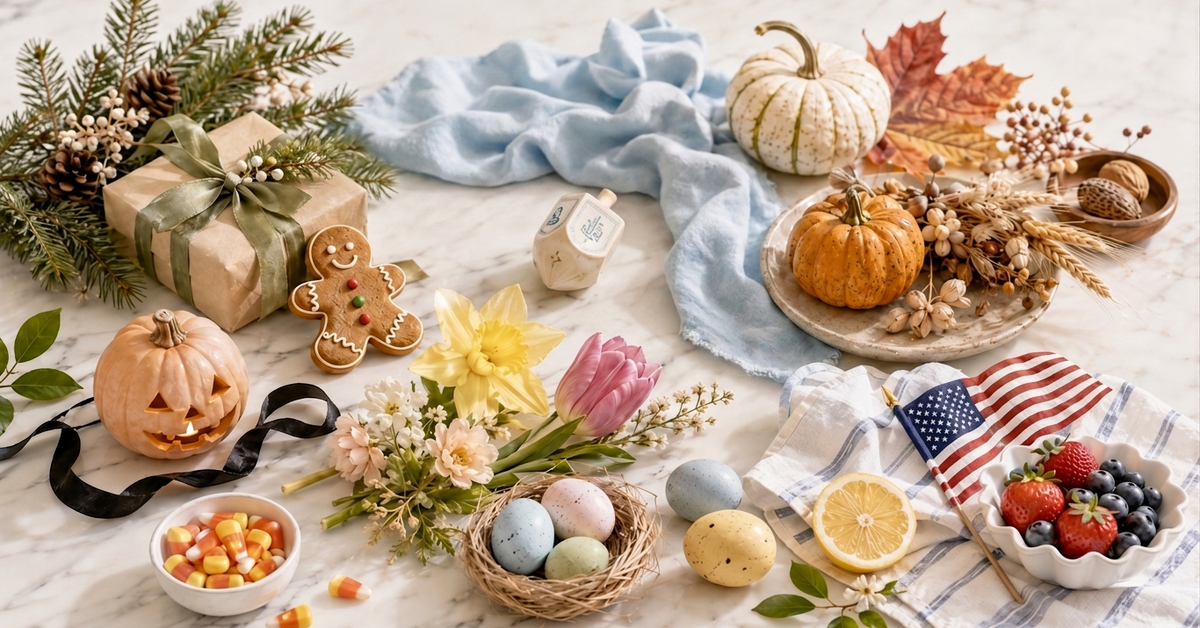 Composición plana navideña sobre mármol con un regalo envuelto y pino para Navidad, un dreidel sobre lino azul para Hanukkah, una calabaza tallada y caramelos de maíz para Halloween, calabazas y trigo para Acción de Gracias, un nido de huevos moteados y flores de primavera para Pascua, y una bandera con bayas para el 4 de julio