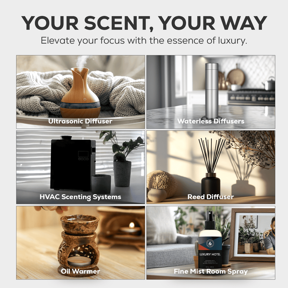 Home fragrance diffusion methods showing ultrasonic diffuser cold air scent system HVAC scenting and room spray options for consistent aroma delivery