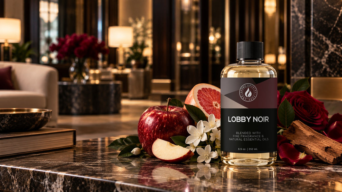 Lobby Noir diffuser oil on a marble table in a warmly lit hotel lobby with apple, grapefruit, jasmine and roses