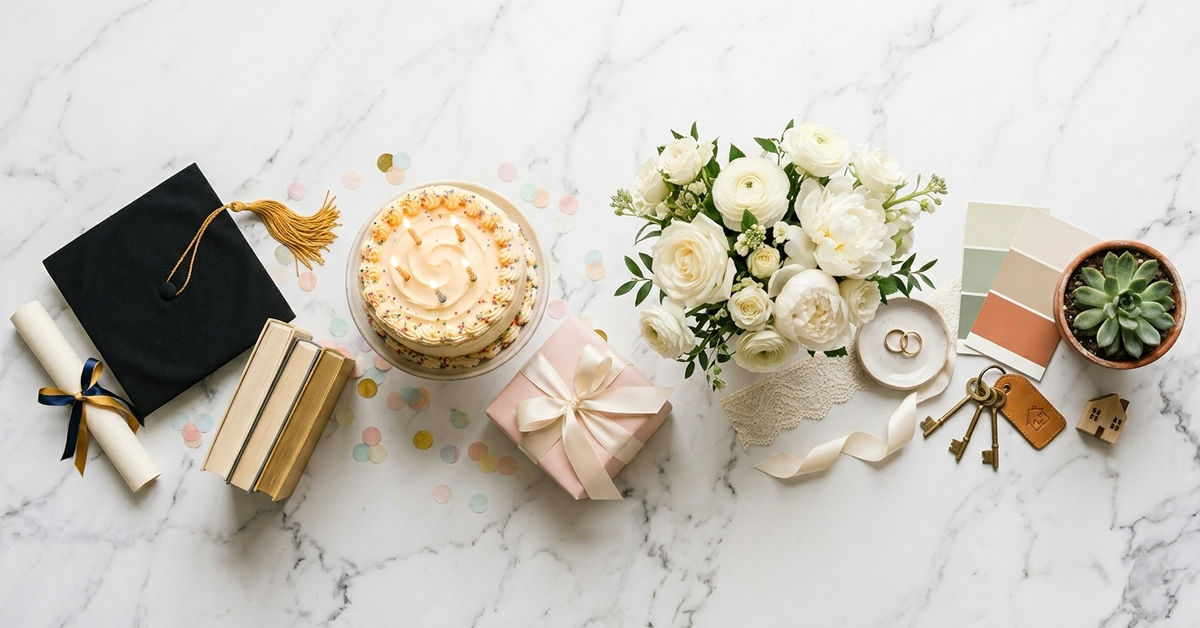 Regalos conmemorativos en mármol: una toga de graduación con diploma y libros, un pastel de cumpleaños con velas, confeti y un regalo envuelto, un ramo de novia blanco con anillos de oro, y llaves de casa con muestras de pintura y una suculenta