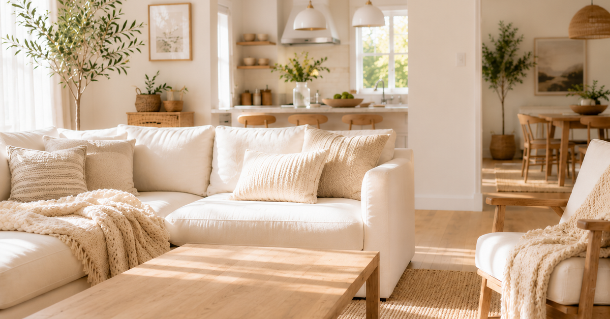 A sunlit open-plan home with a cream sofa in the living area, a kitchen beyond it and a dining room through the doorway