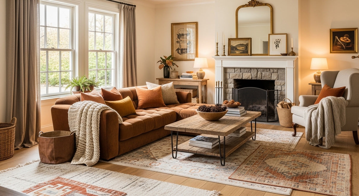 Cozy traditional living room with caramel sofa and stone fireplace showing how vanilla amber and warm spice diffuser oils fit a family living room