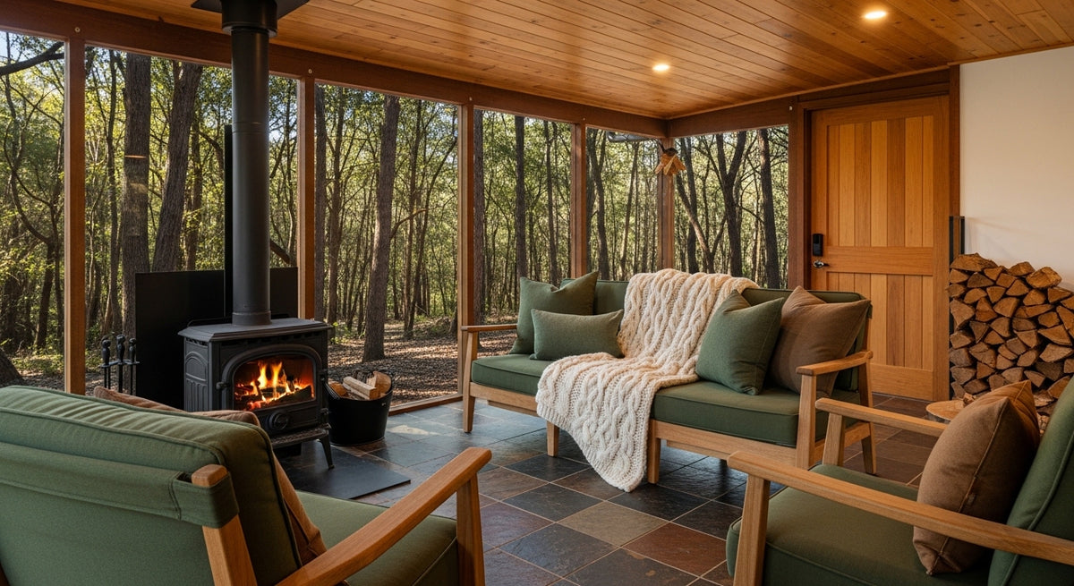 Wooded cabin sitting room with cast iron wood stove and stacked firewood showing how sandalwood cedar and leather woody diffuser oils fit a den or library