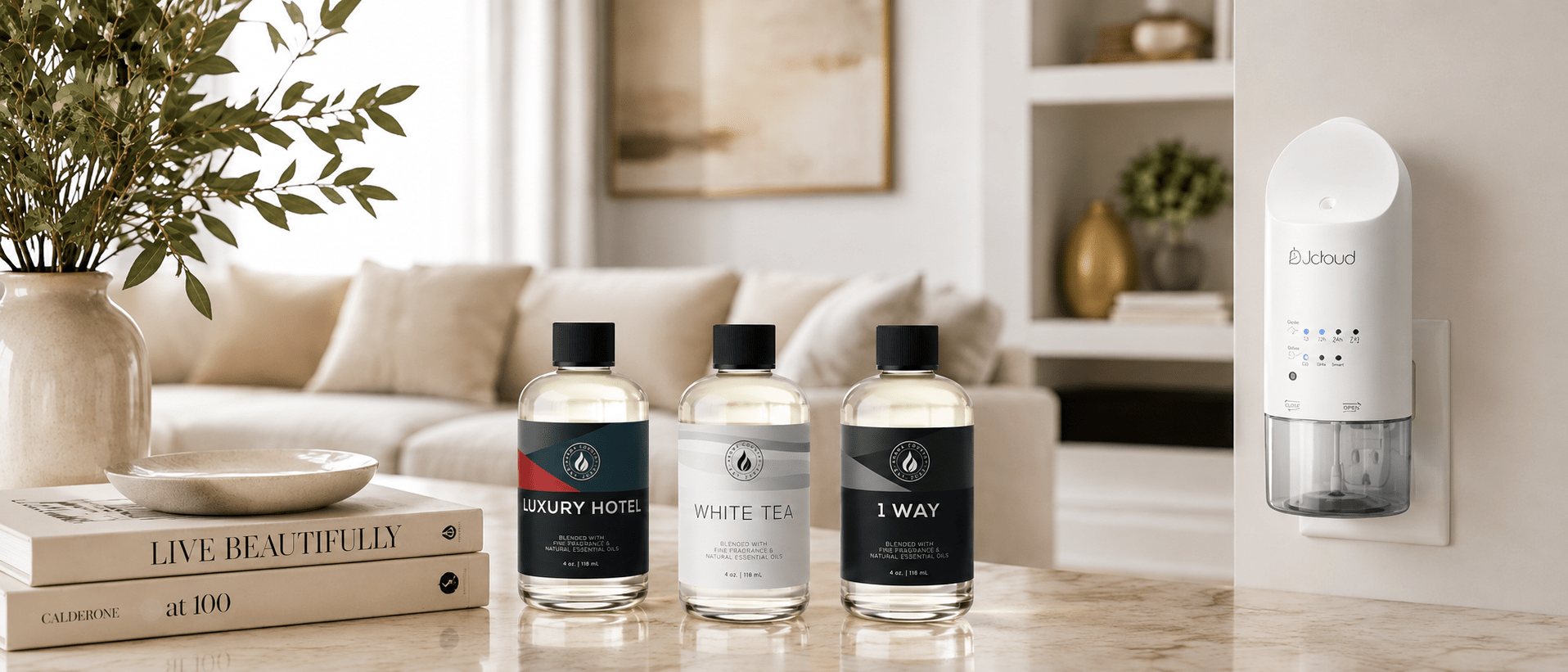 Hotel de lujo, té blanco y aceites difusores de 1 vía junto al difusor enchufable Aroma Country en una sala de estar luminosa