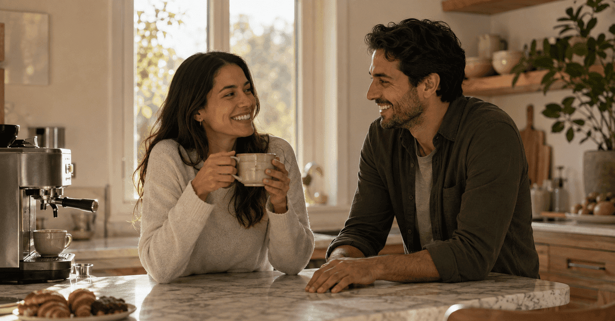 A couple laughing across a marble kitchen counter beside an espresso machine and pastries