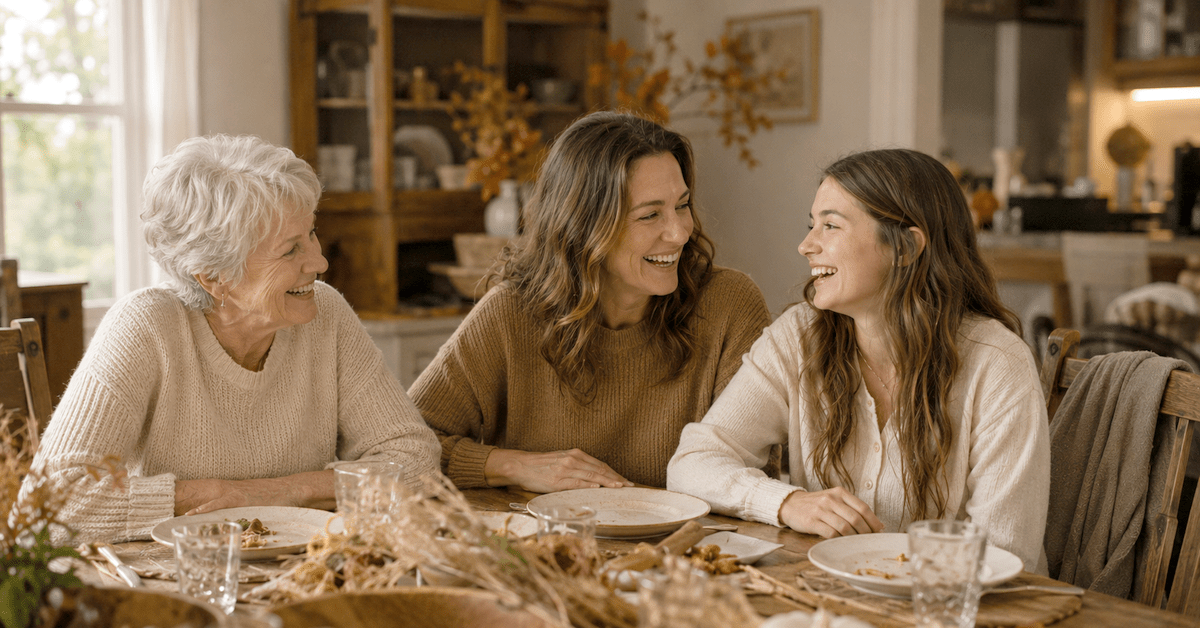 Tres generaciones de una familia riendo alrededor de una mesa puesta a la luz del otoño